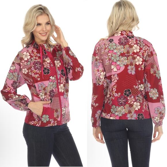Johnny Was Yama Floral Zip-Up Track Jacket Coat Boho Chic Pink Red NWT - Picture 1 of 9